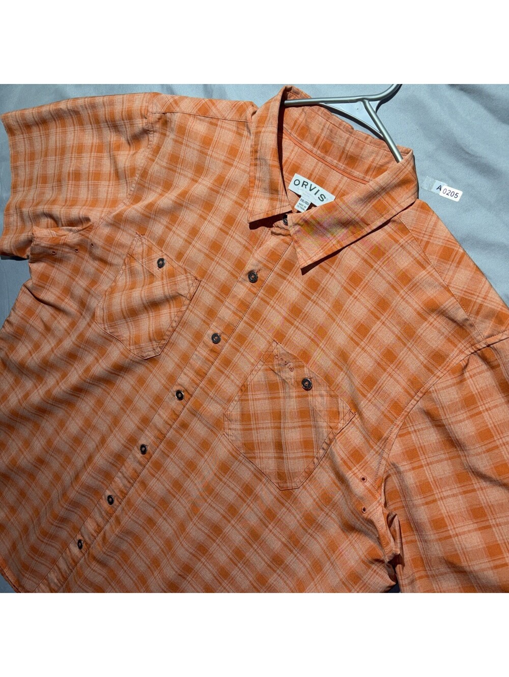 Orvis Short Sleeve Button Down Shirt Plaid Pockets Mens XXL 2XL Orange Polyester